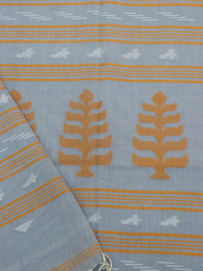 French Gray Handloom Khadi Cotton Dhakai Jamdani Saree - Image 5