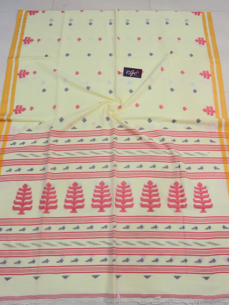 Off White Handloom Khadi Cotton Dhakai Jamdani Saree