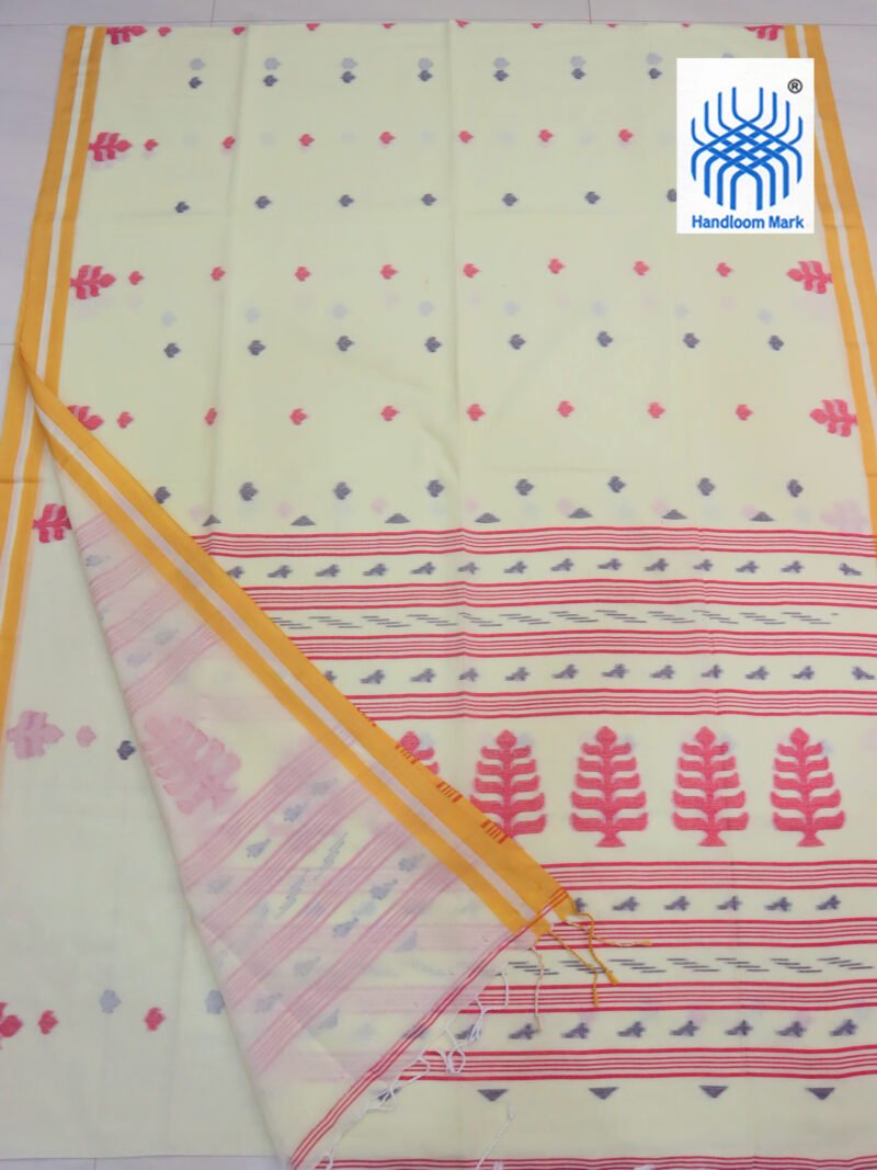 Off White Handloom Khadi Cotton Dhakai Jamdani Saree - Image 2