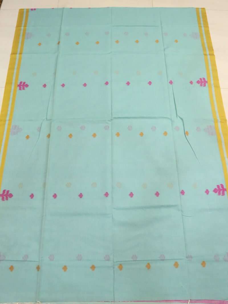 Mint Green Handloom Khadi Cotton Dhakai Jamdani Saree - Image 6