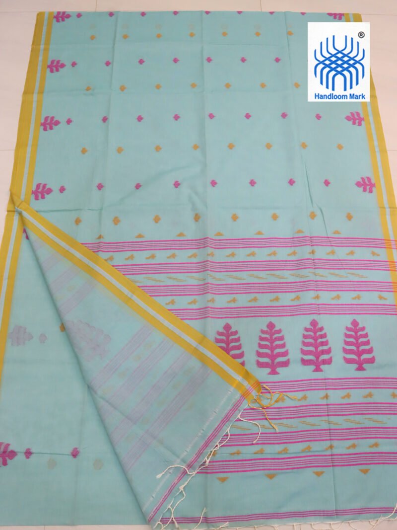 Mint Green Handloom Khadi Cotton Dhakai Jamdani Saree - Image 2