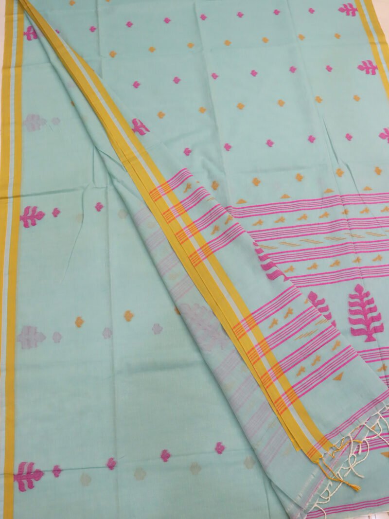 Mint Green Handloom Khadi Cotton Dhakai Jamdani Saree - Image 3