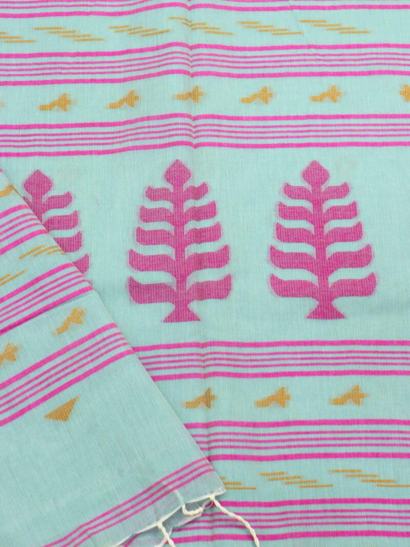 Mint Green Handloom Khadi Cotton Dhakai Jamdani Saree - Image 5