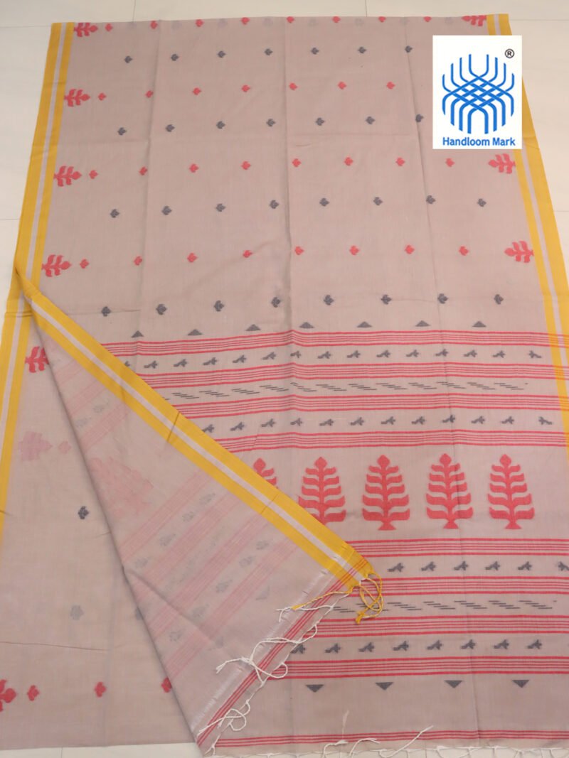 Biscuit Handloom Khadi Cotton Dhakai Jamdani Saree - Image 2