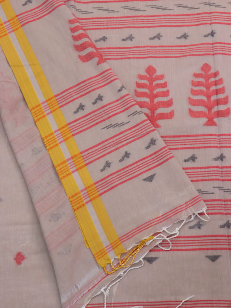 Biscuit Handloom Khadi Cotton Dhakai Jamdani Saree - Image 4