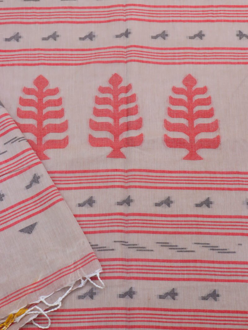 Biscuit Handloom Khadi Cotton Dhakai Jamdani Saree - Image 5