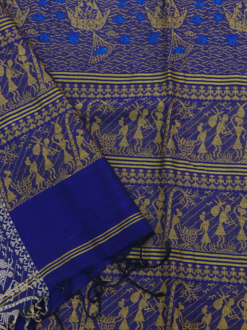 Blue Worli Handloom Khadi Cotton Saree - Image 5