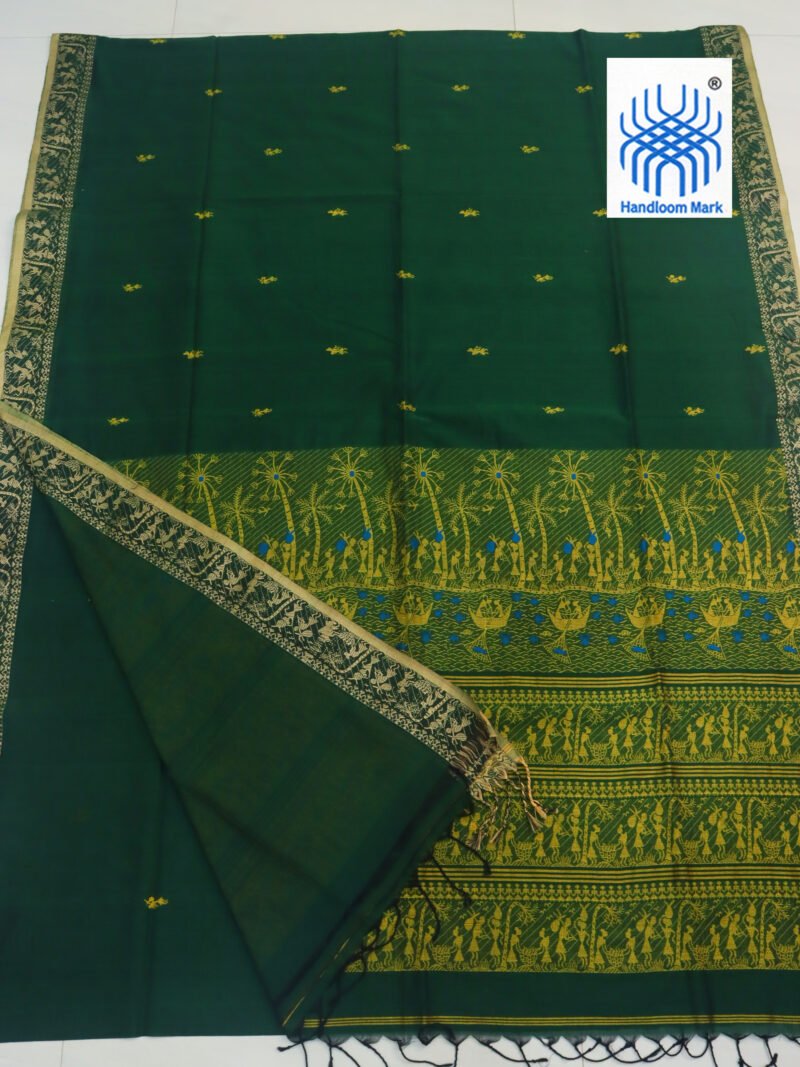 Bottle Green Worli Handloom Khadi Cotton Saree - Image 2