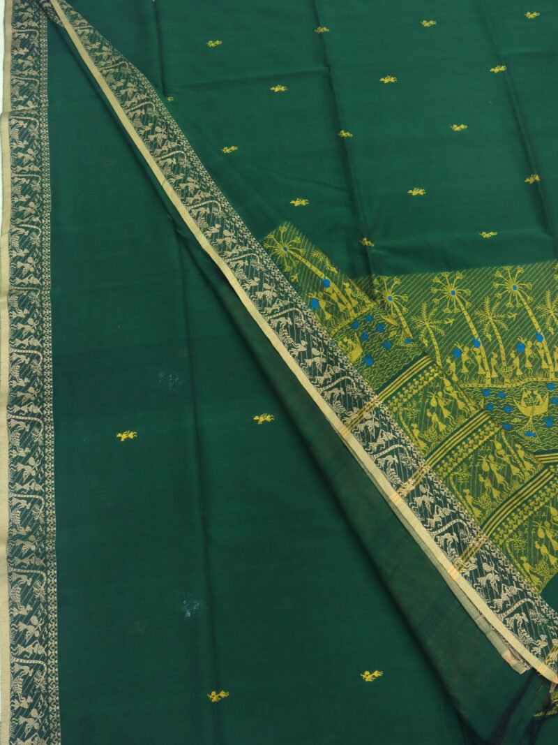 Bottle Green Worli Handloom Khadi Cotton Saree - Image 3