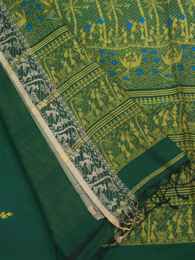Bottle Green Worli Handloom Khadi Cotton Saree - Image 5