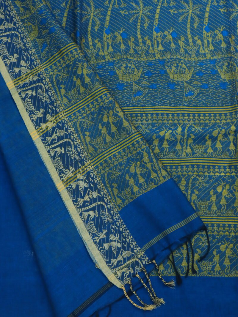 Greenish Blue Worli Handloom Khadi Cotton Saree - Image 4