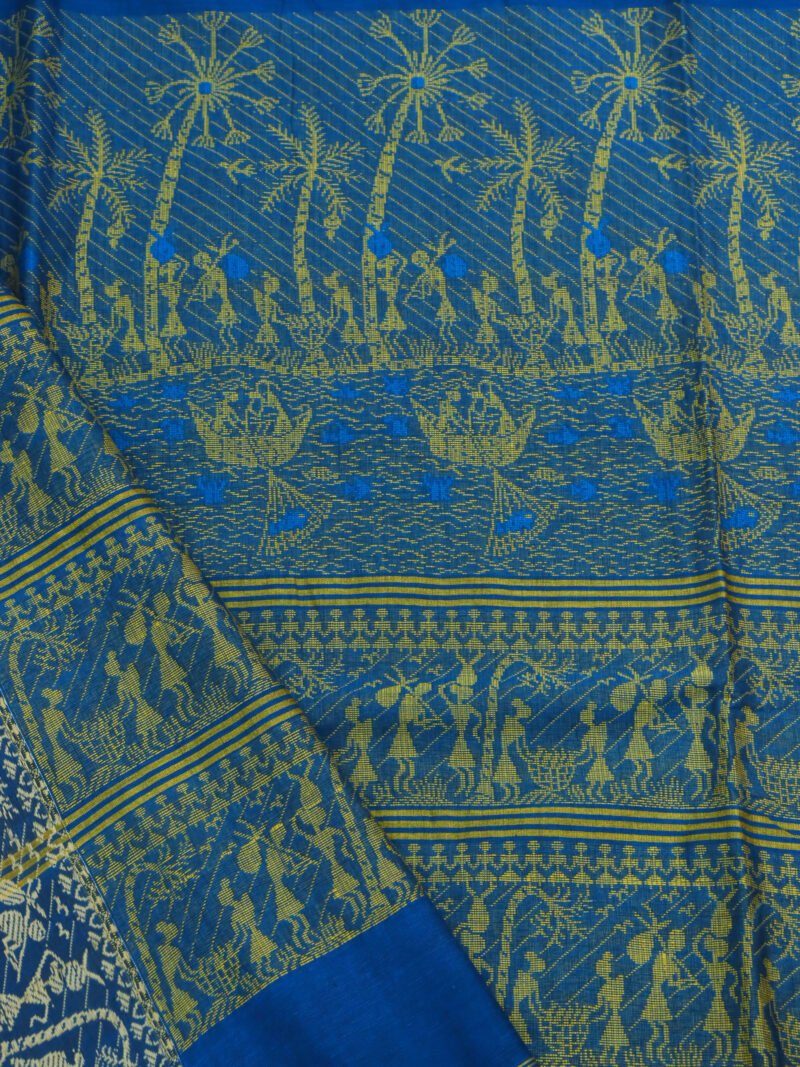 Greenish Blue Worli Handloom Khadi Cotton Saree - Image 5