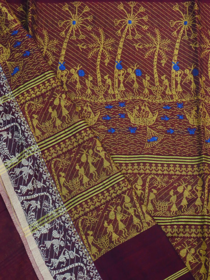 Maroon Worli Handloom Khadi Cotton Saree - Image 5