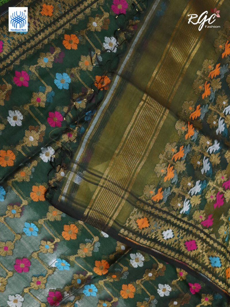 Bottle Green Pure Resham Dhakai Muslin Jamdani Saree - Image 7