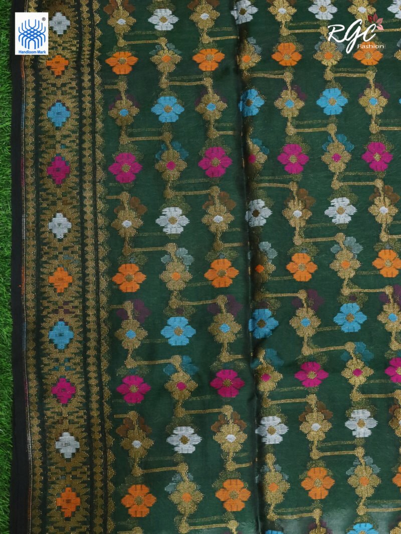 Bottle Green Pure Resham Dhakai Muslin Jamdani Saree - Image 6