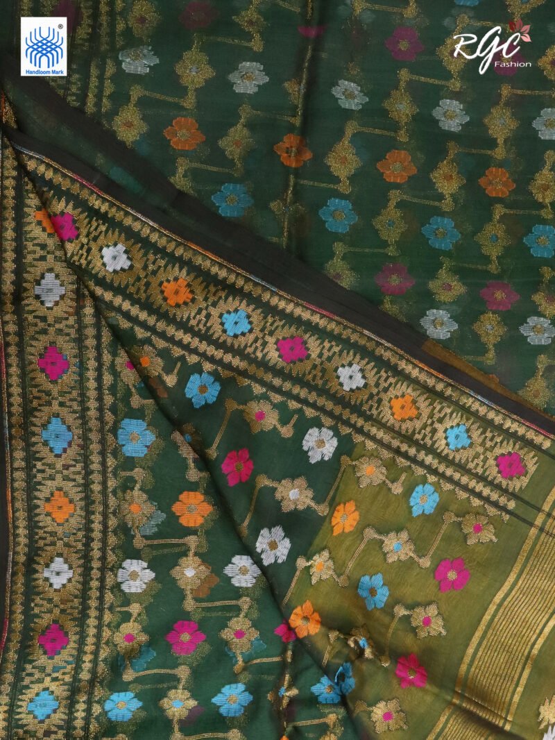 Bottle Green Pure Resham Dhakai Muslin Jamdani Saree - Image 4