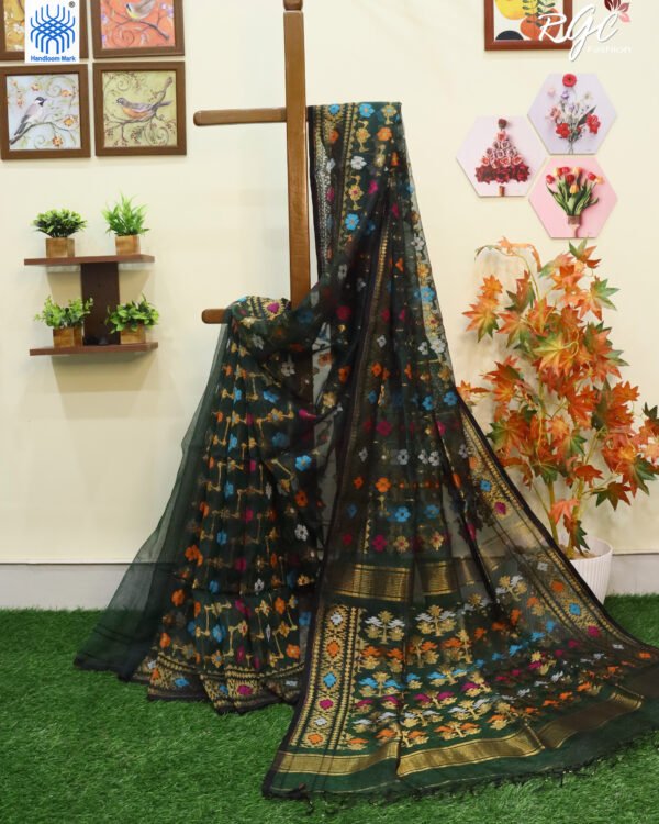 Bottle Green Pure Resham Dhakai Muslin Jamdani Saree