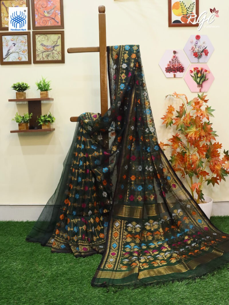 Bottle Green Pure Resham Dhakai Muslin Jamdani Saree