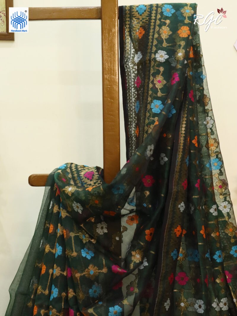 Bottle Green Pure Resham Dhakai Muslin Jamdani Saree - Image 2