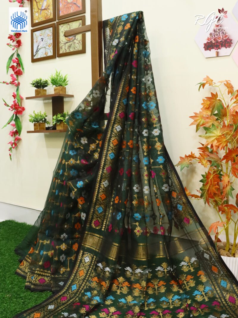 Bottle Green Pure Resham Dhakai Muslin Jamdani Saree - Image 3