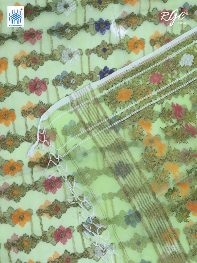 Lemon Green Pure Resham Dhakai Muslin Jamdani Saree - Image 7