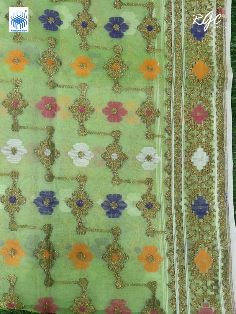 Lemon Green Pure Resham Dhakai Muslin Jamdani Saree - Image 6