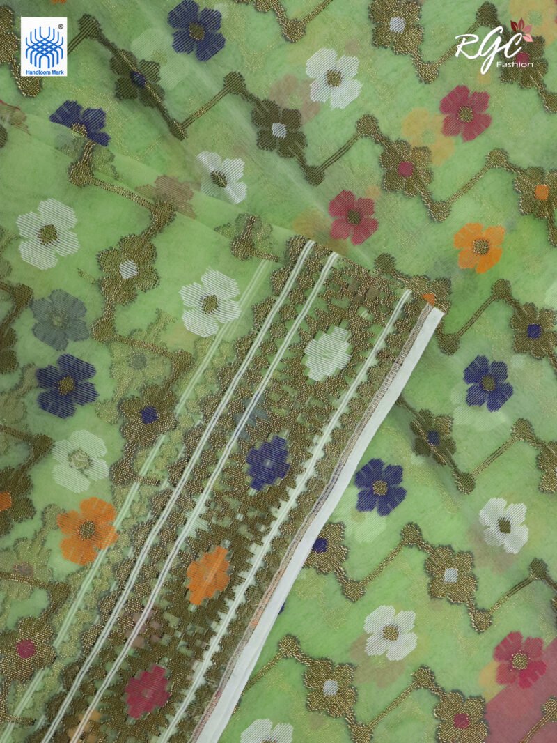 Lemon Green Pure Resham Dhakai Muslin Jamdani Saree - Image 5