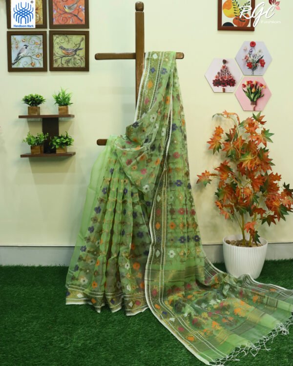 Lemon Green Pure Resham Dhakai Muslin Jamdani Saree