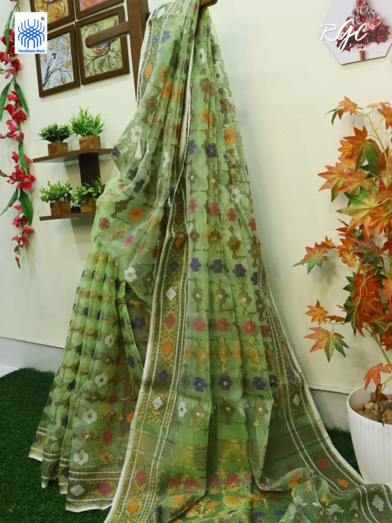 Lemon Green Pure Resham Dhakai Muslin Jamdani Saree - Image 2