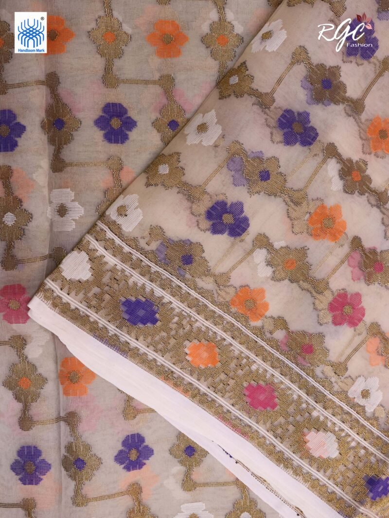 Pinkish White Pure Resham Dhakai Muslin Jamdani Saree - Image 6