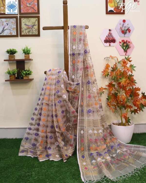 Pinkish White Pure Resham Dhakai Muslin Jamdani Saree