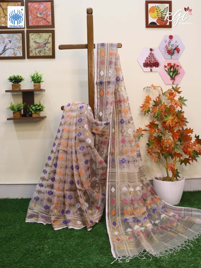Pinkish White Pure Resham Dhakai Muslin Jamdani Saree