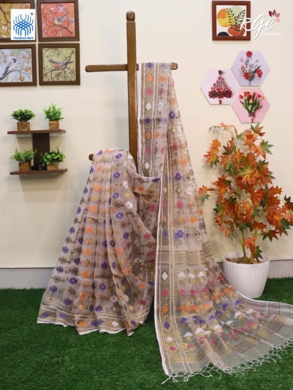 Pinkish White Pure Resham Dhakai Muslin Jamdani Saree