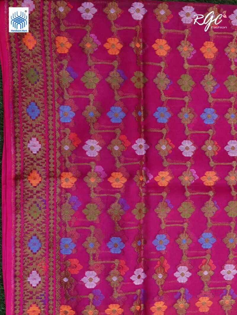 Rani Pink Pure Resham Dhakai Muslin Jamdani Saree - Image 7