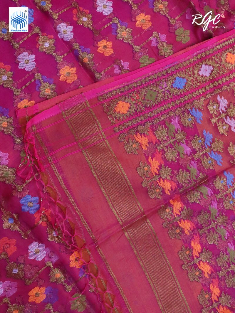 Rani Pink Pure Resham Dhakai Muslin Jamdani Saree - Image 5