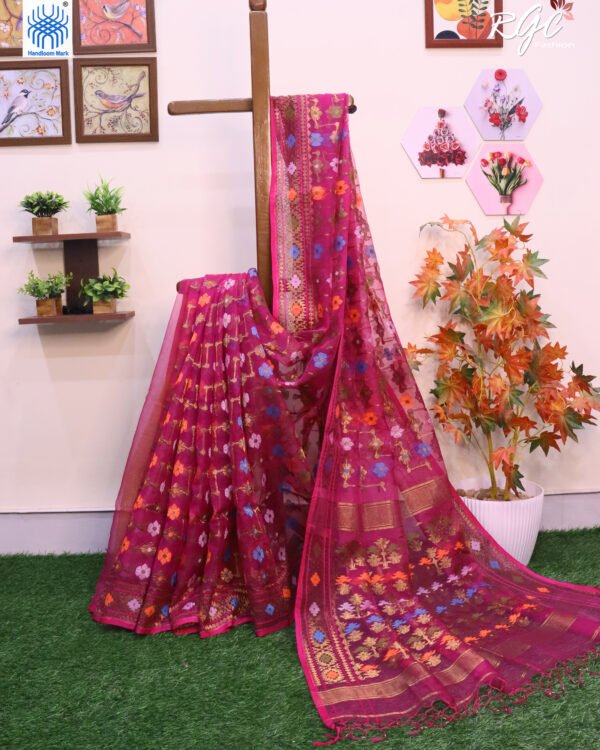 Rani Pink Pure Resham Dhakai Muslin Jamdani Saree