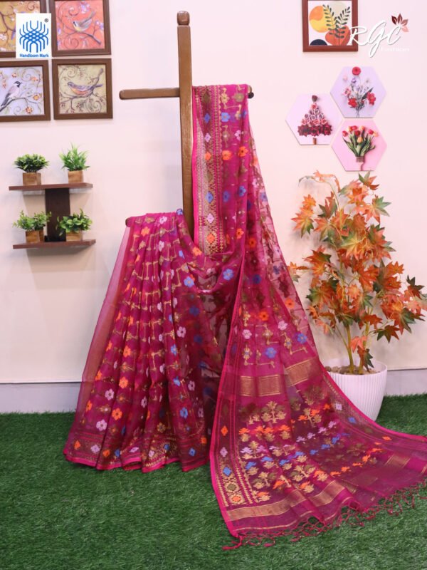 Rani Pink Pure Resham Dhakai Muslin Jamdani Saree