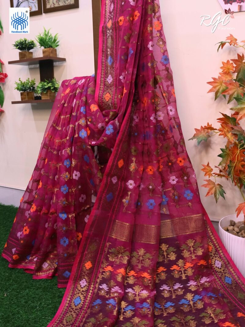 Rani Pink Pure Resham Dhakai Muslin Jamdani Saree - Image 2