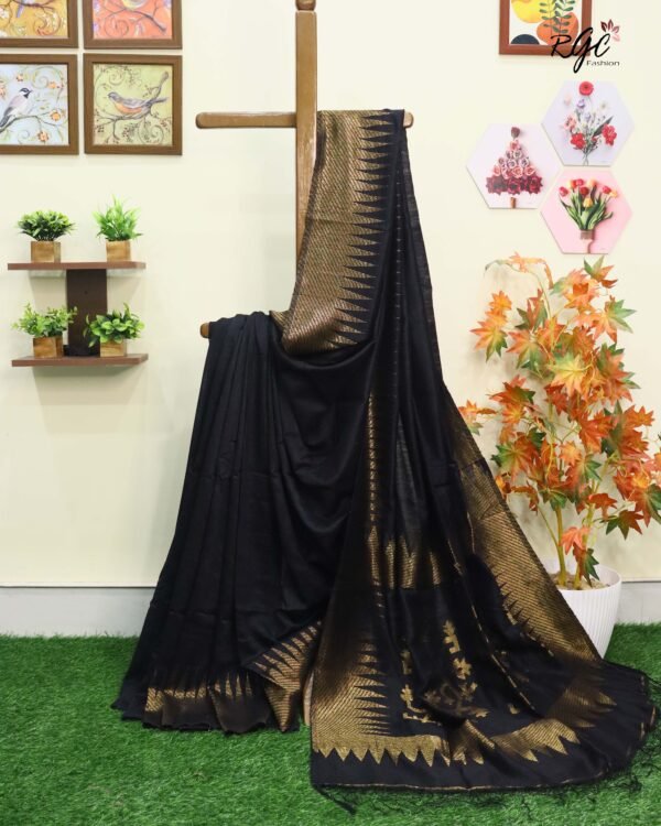Black Pure Resham Matka Temple Work Jamdani Saree