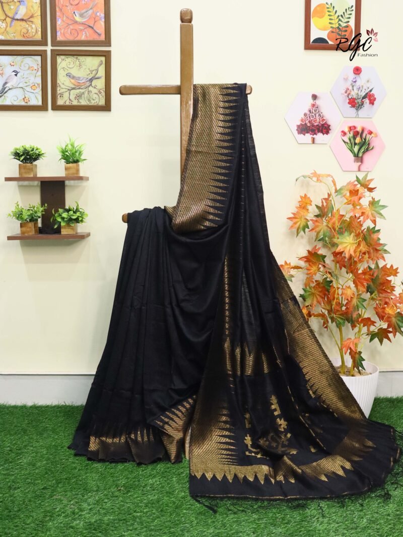 Black Pure Resham Matka Temple Work Jamdani Saree