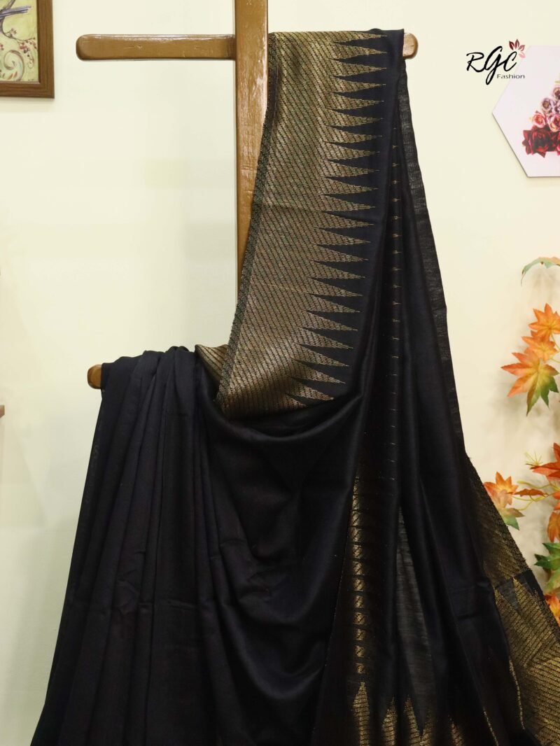 Black Pure Resham Matka Temple Work Jamdani Saree - Image 2