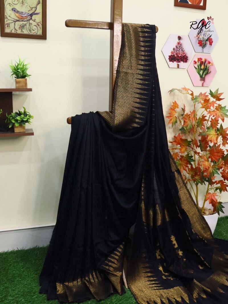 Black Pure Resham Matka Temple Work Jamdani Saree - Image 3