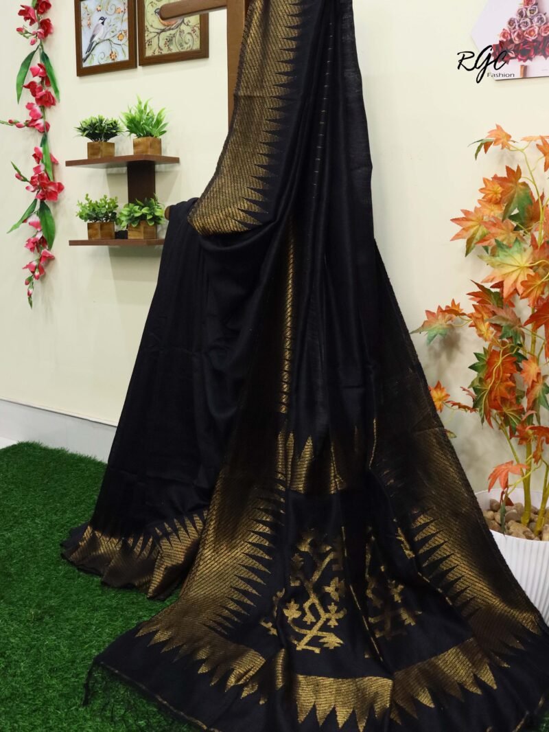 Black Pure Resham Matka Temple Work Jamdani Saree - Image 4