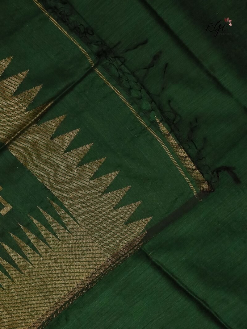 Bottle Green Pure Resham Matka Temple Work Jamdani Saree - Image 6