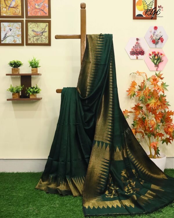 Bottle Green Pure Resham Matka Temple Work Jamdani Saree