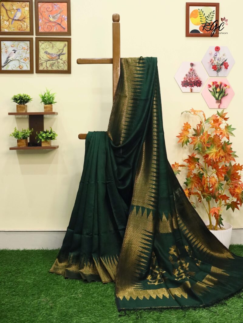 Bottle Green Pure Resham Matka Temple Work Jamdani Saree