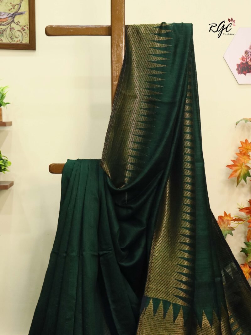 Bottle Green Pure Resham Matka Temple Work Jamdani Saree - Image 2
