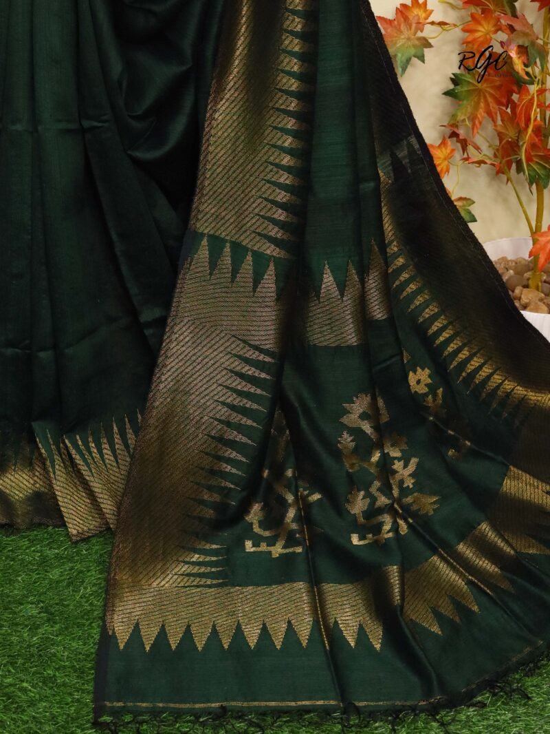 Bottle Green Pure Resham Matka Temple Work Jamdani Saree - Image 3