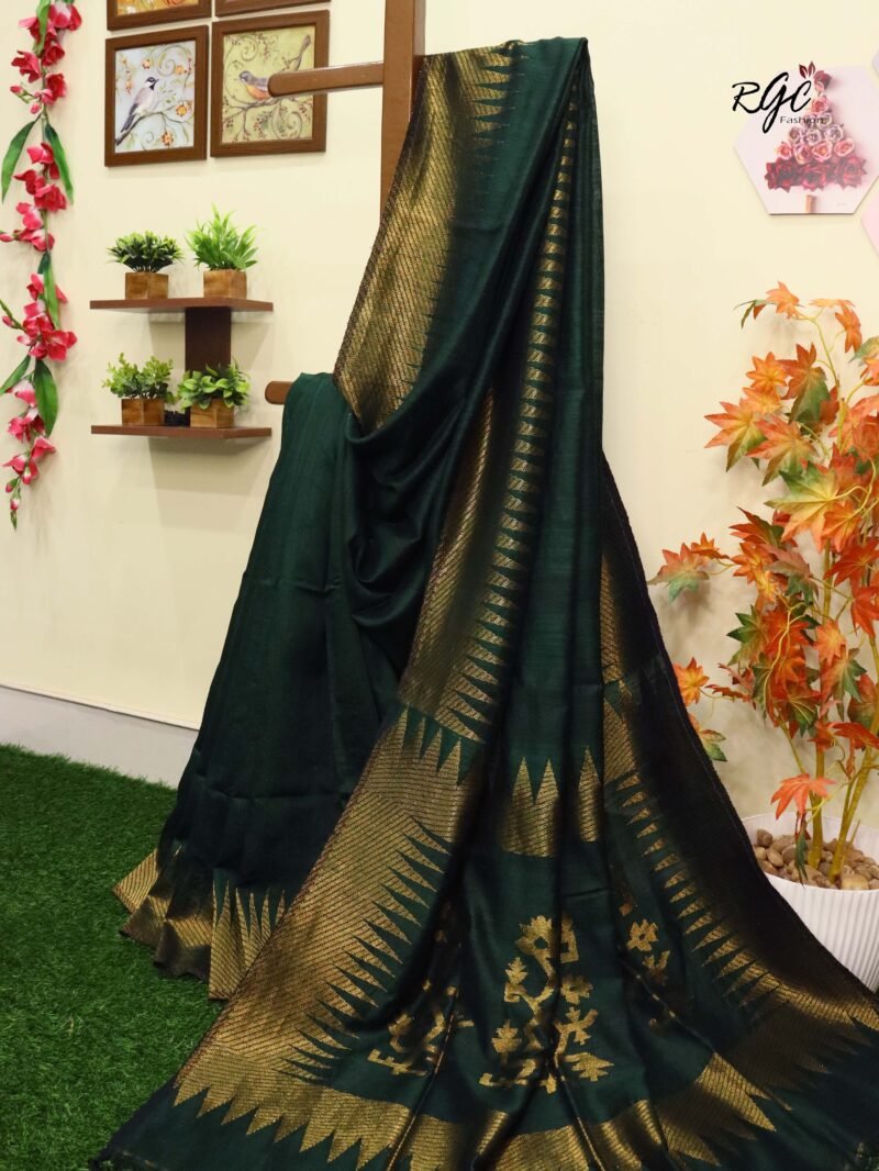 Bottle Green Pure Resham Matka Temple Work Jamdani Saree - Image 4