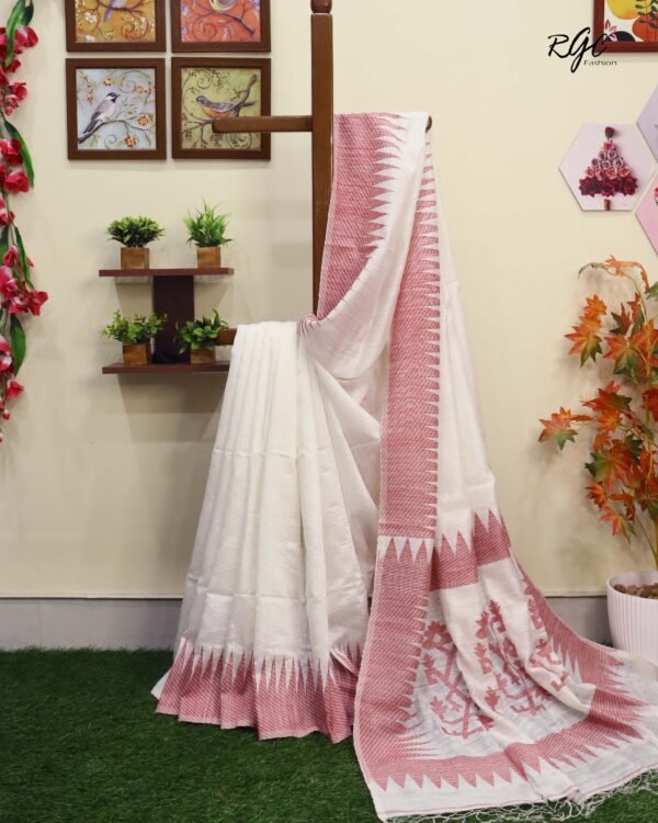 Off-White Pure Resham Matka Temple Work Jamdani Saree